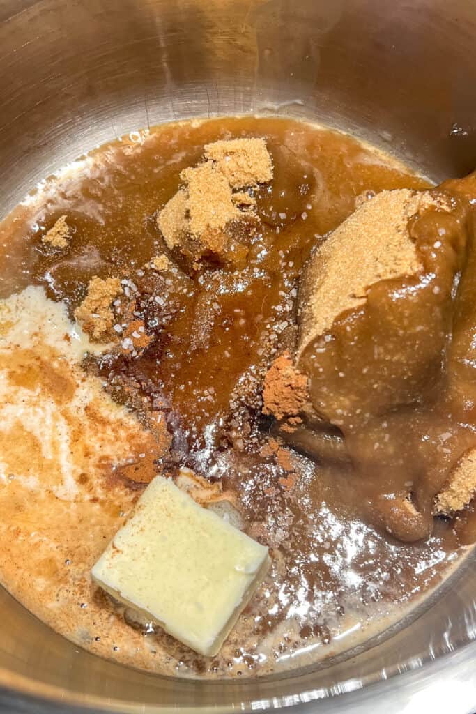 Melting butter and sugar and cinnamon for pralines. 
