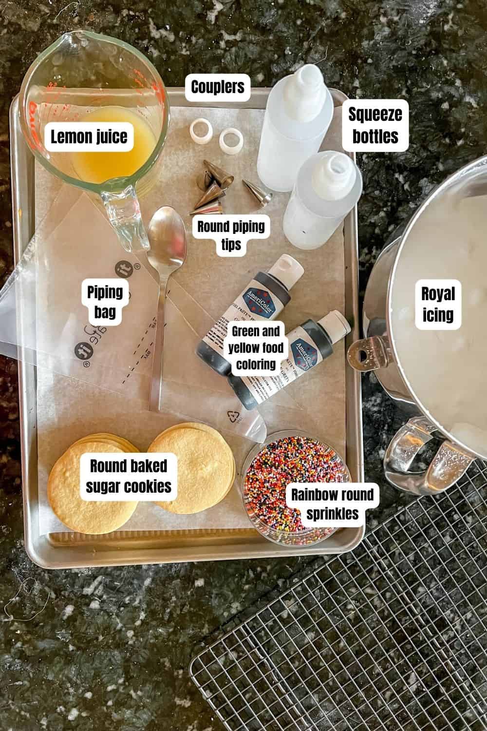 Ingredients and tools for football stadium cookies. 