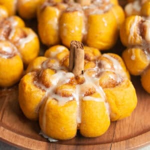 Pumpkin Cinnamon rolls shaped like pumpkins.