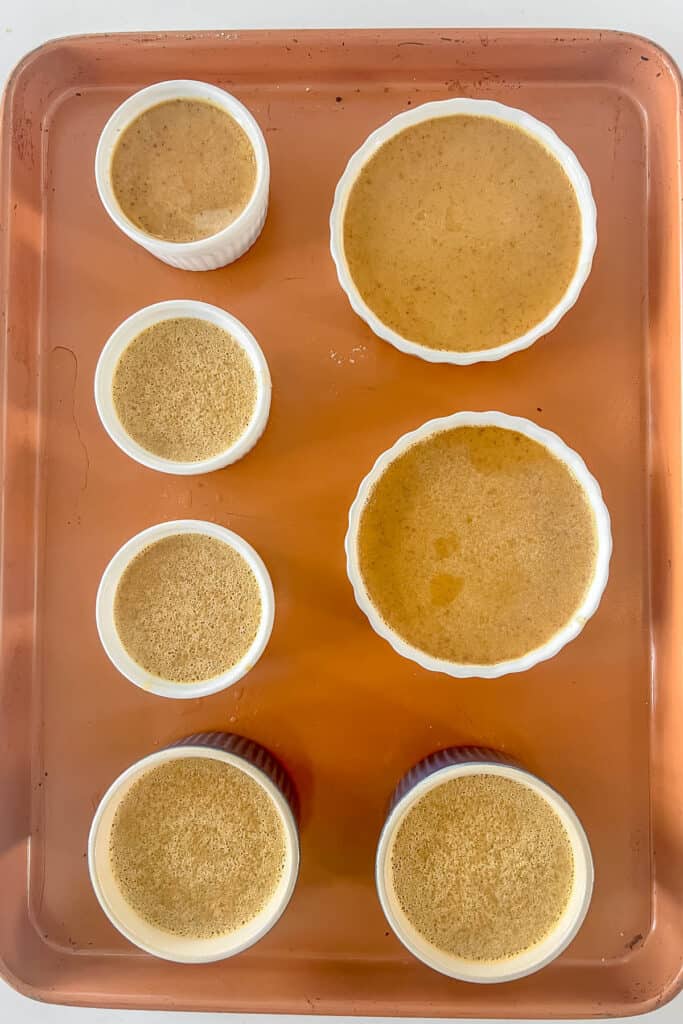 Baked gingerbread creme brûlée custards.