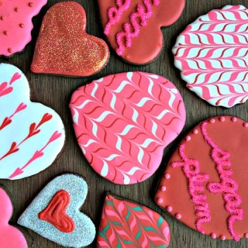 Decorated chocolate sugar cookies for Valentine's Day.