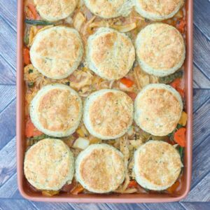 Chicken and Vegetable Pot Pie with flaky biscuits.