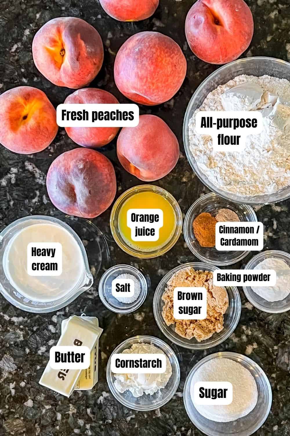 Ingredients for skillet peach cobbler. 