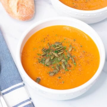Bowl of butternut squash and sweet potato soup.