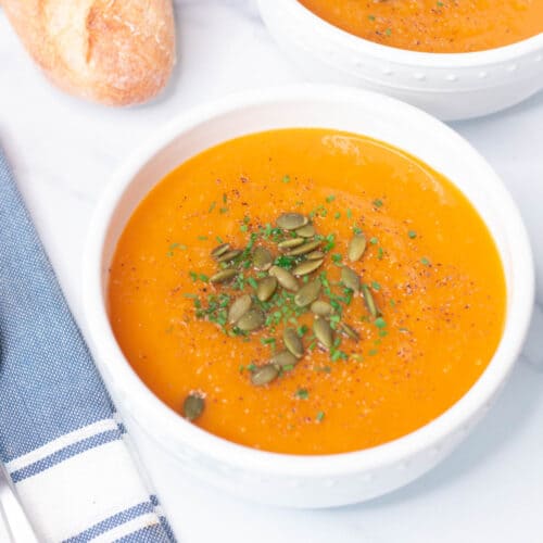 Bowl of butternut squash and sweet potato soup.