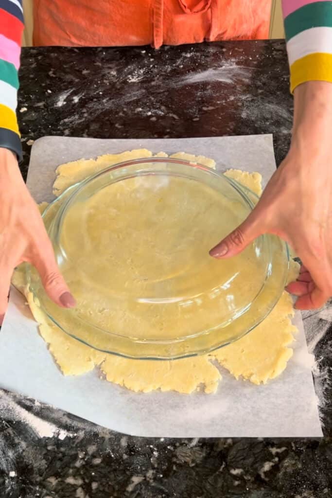 Put pie plate face down on top of rolled out pie crust dough. 