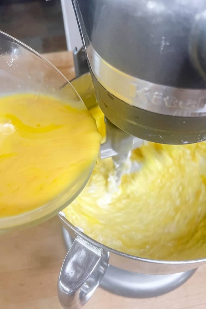 Adding egg mixture to the batter. 