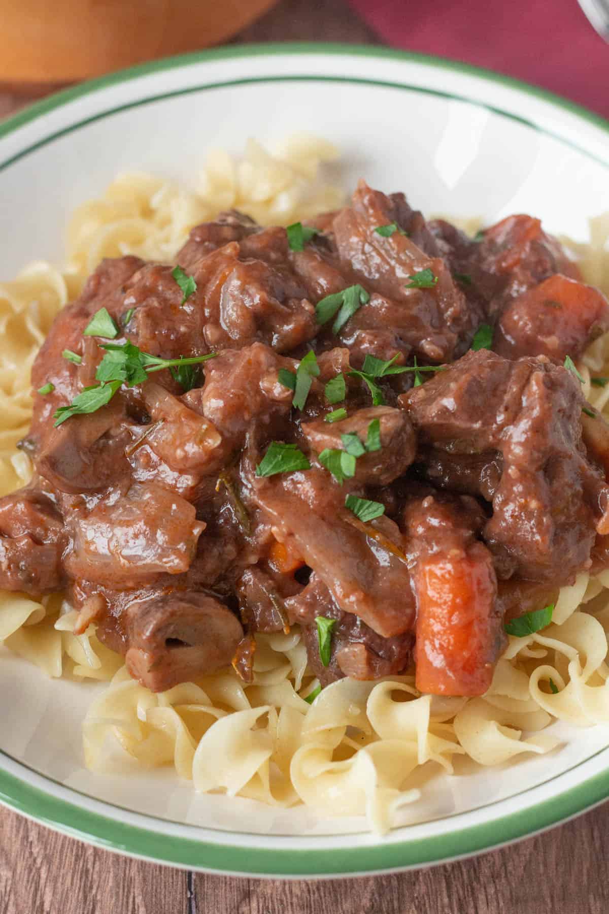 Close up of beef bourguignon.