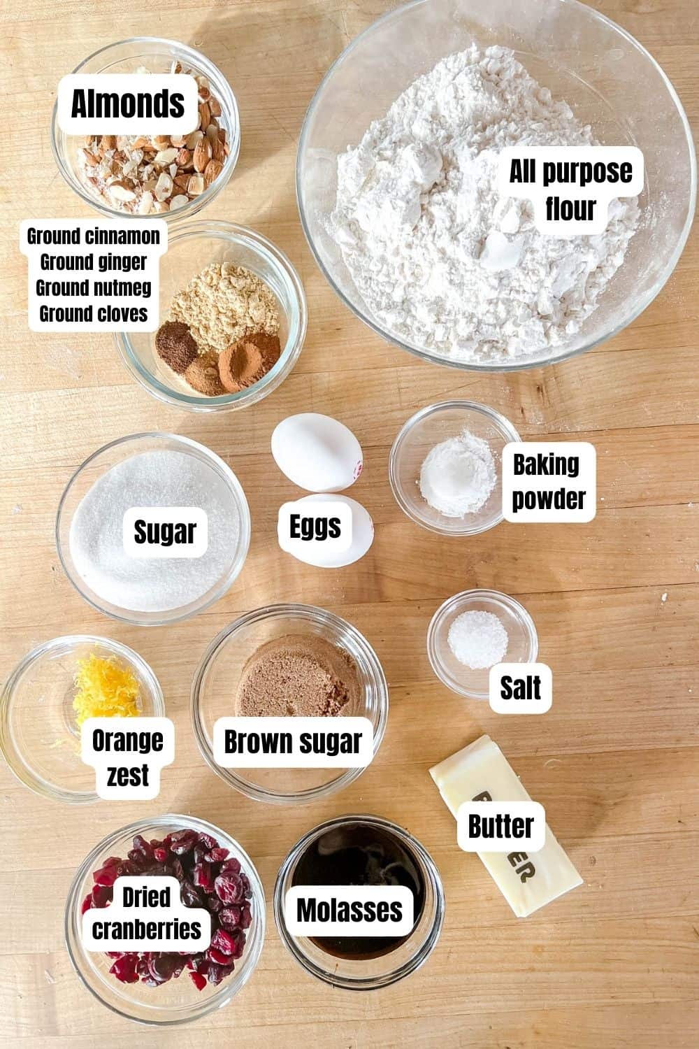 Ingredients for gingerbread biscotti. 