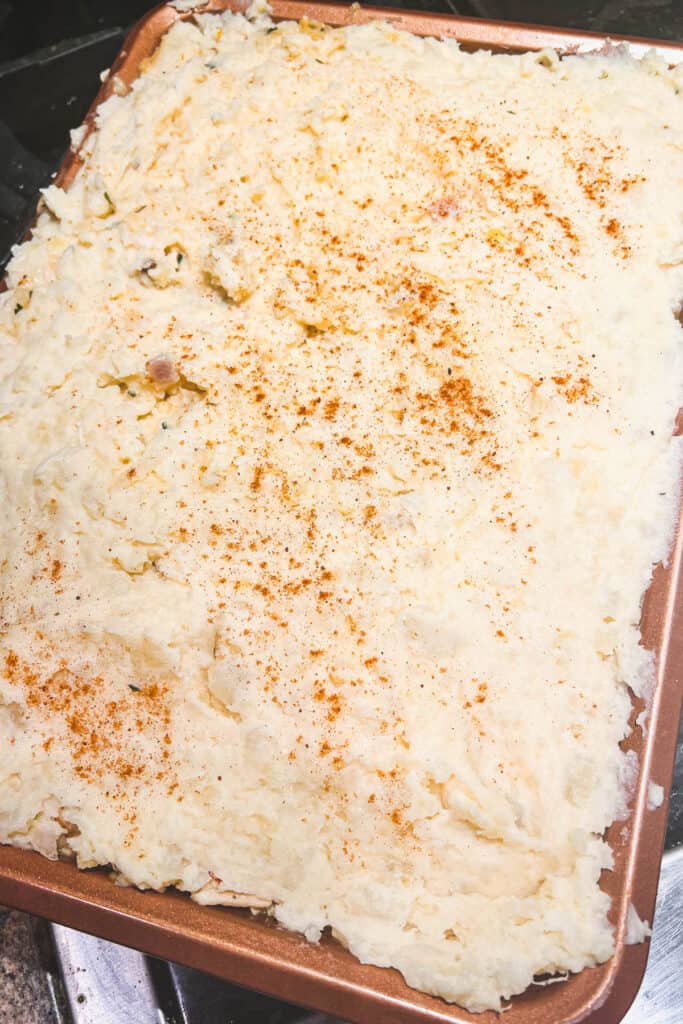 Mashed potato topped shepherd's pie, ready to bake. 