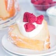 Slice of old fashioned pound cake with berries.