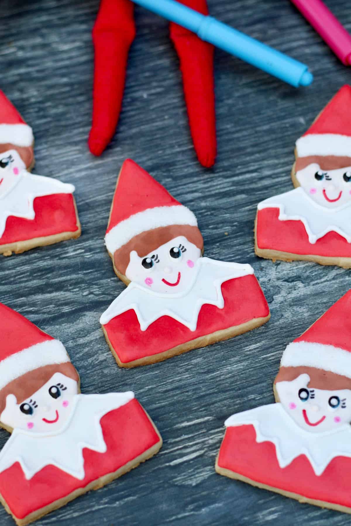 Decorated elf on the shelf cookies. 