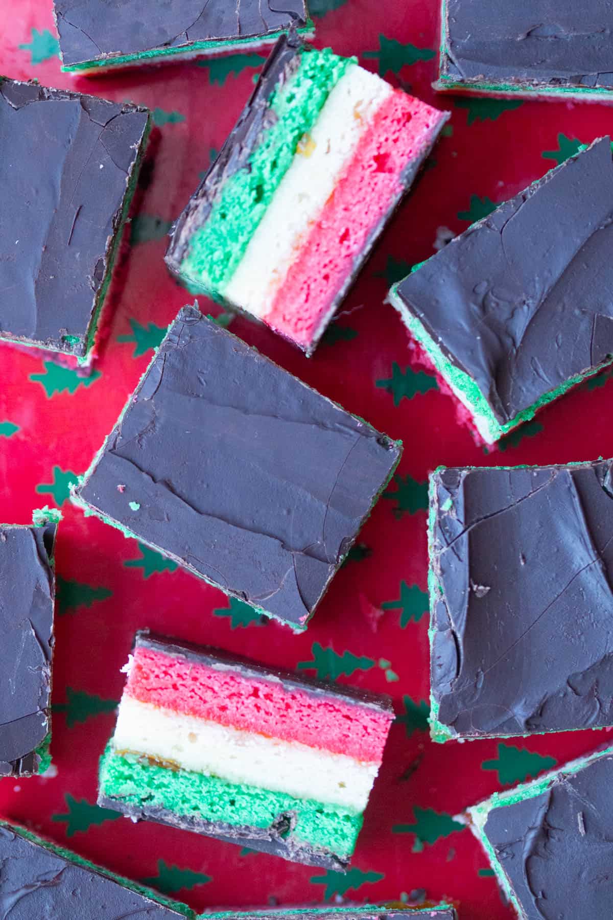 Cut out Italian Rainbow Cookies on a platter.