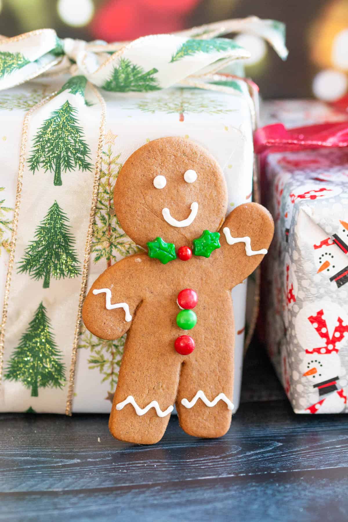 Cut out gingerbread cookies shaped like a gingerbread man. 