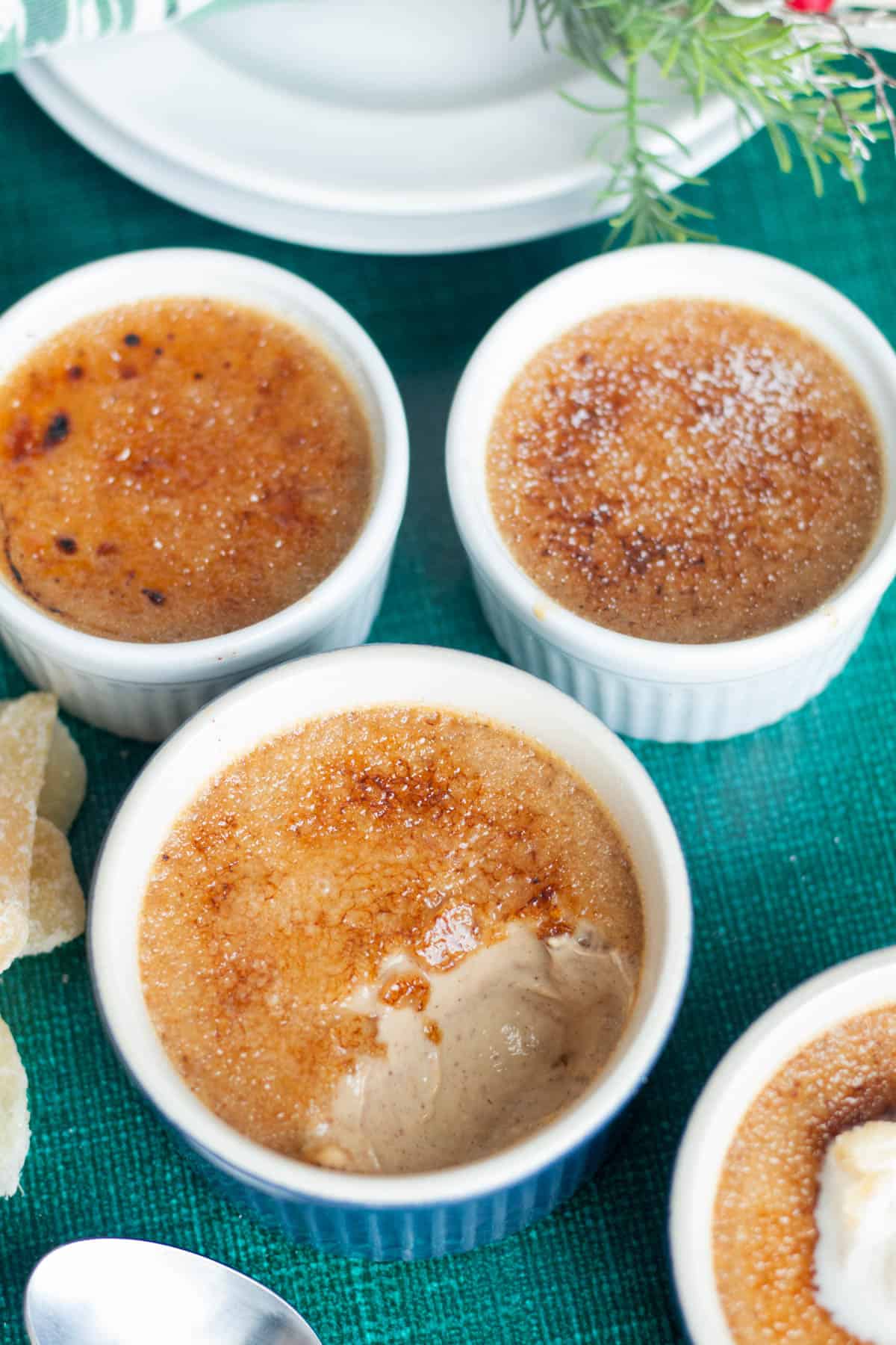 Gingerbread creme brûlée, on with a bite taken. 