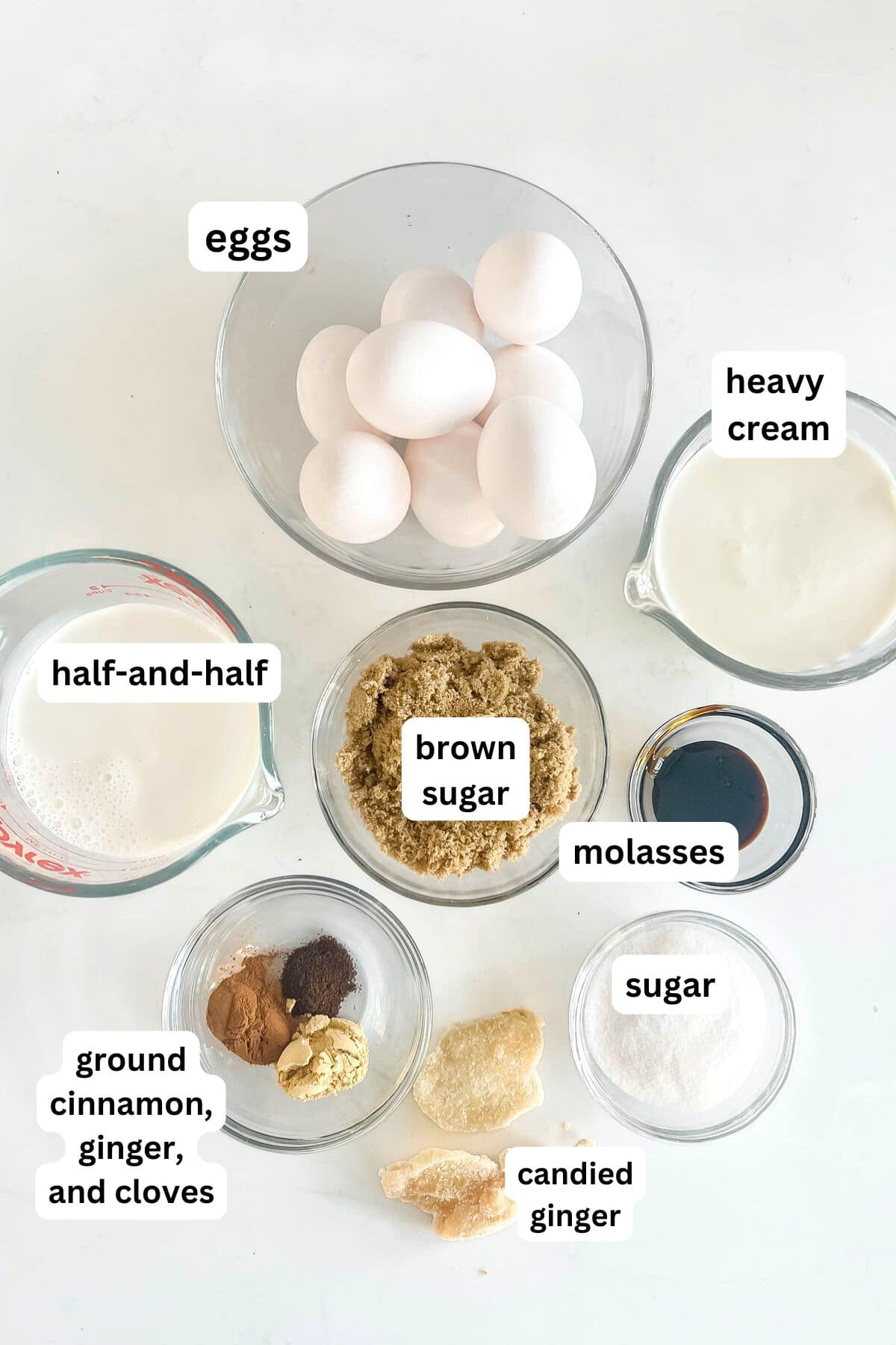 Ingredients for gingerbread creme brûlées. 