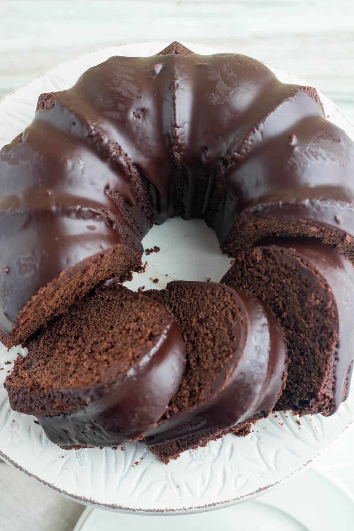 Chocolate Bundt Cake with rich chocolate glaze.