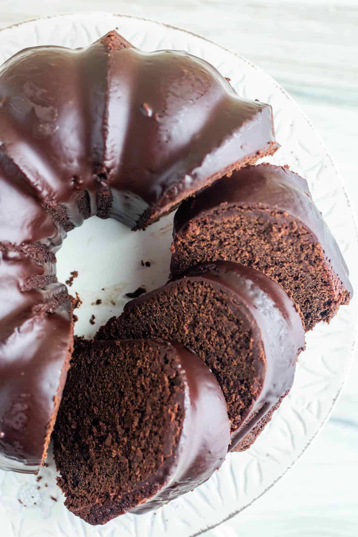 Chocolate Bundt Cake with rich chocolate glaze.