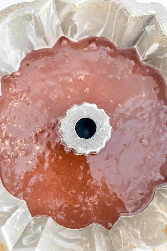 Cake batter in the Bundt pan. 