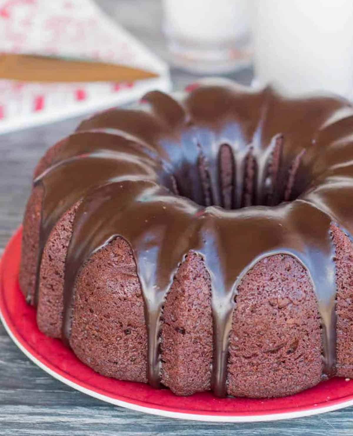 Moist chocolate Bundt cake with rich chocolate glaze. 