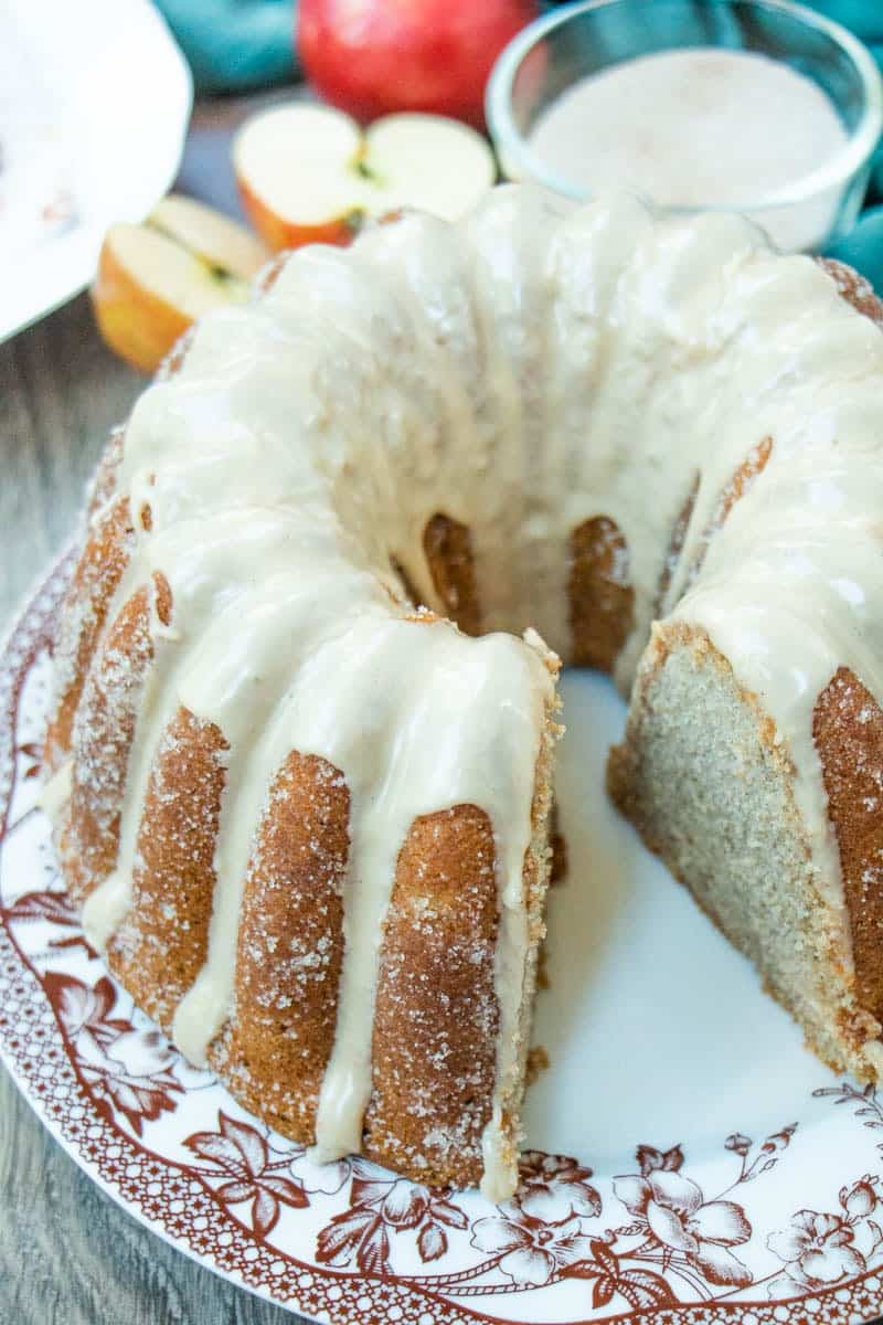 Glazed Apple Cider Donut Cake on a serving plate.