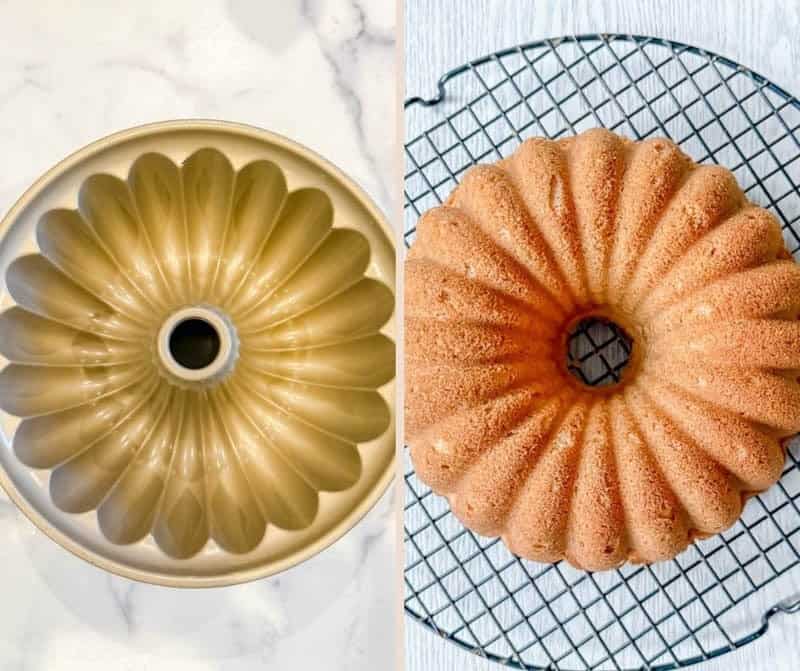 Bundt pan and baked Bundt cake.