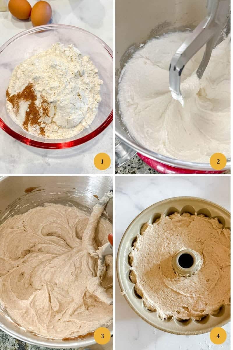 Step by step photos of the Bundt cake batter.