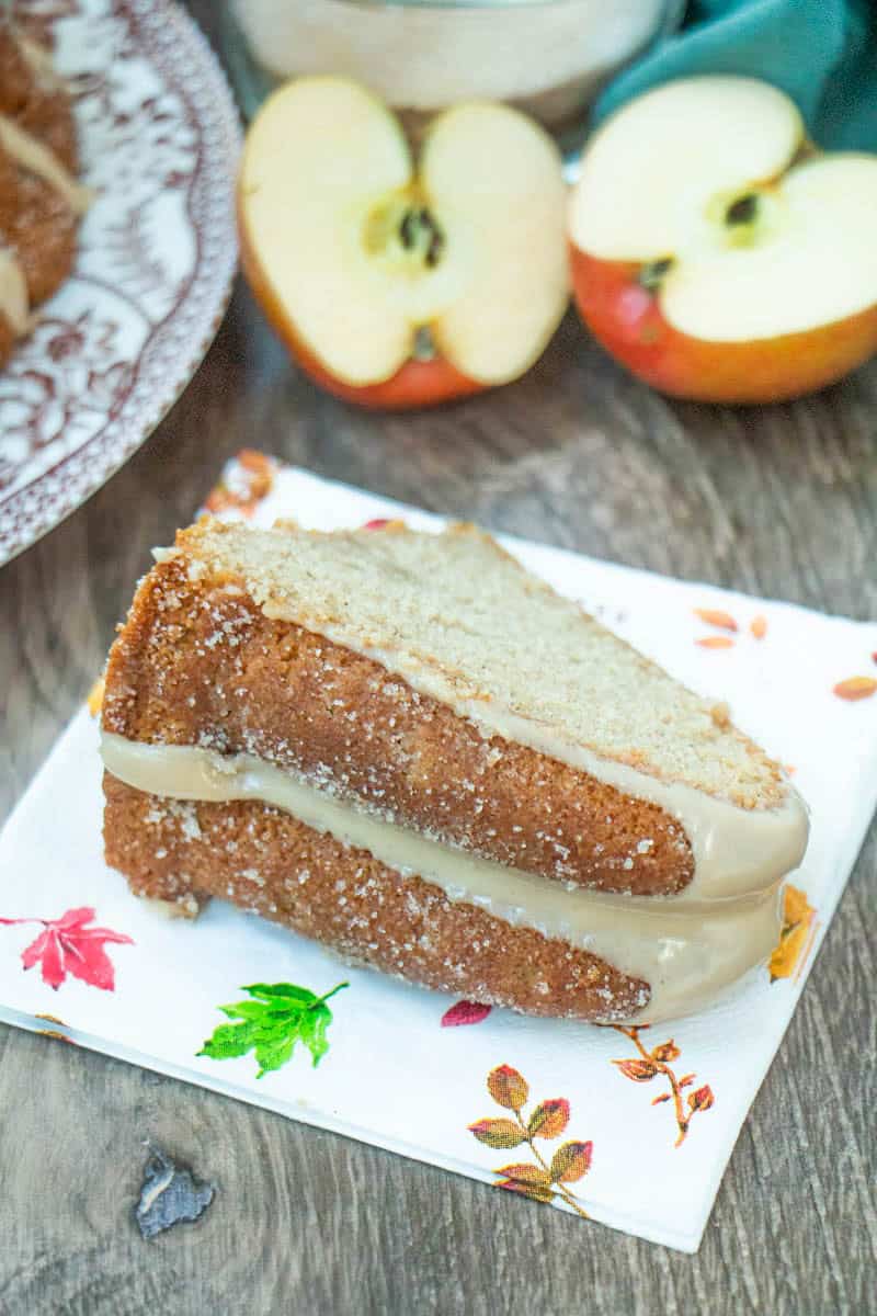 Slice of apple cider donut cake.