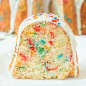 Slice of confetti Bundt cake.