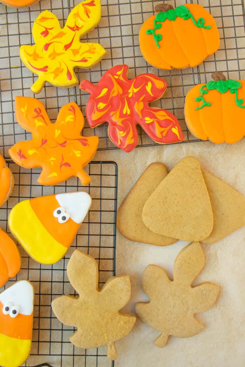 Pumpkin Sugar Cookies on a cooling rack. 