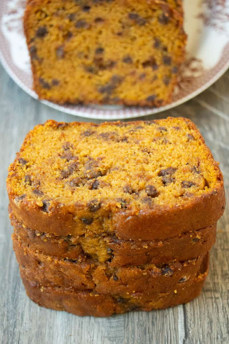 Pumpkin Chocolate Chip Loaf, sliced and ready to serve. 