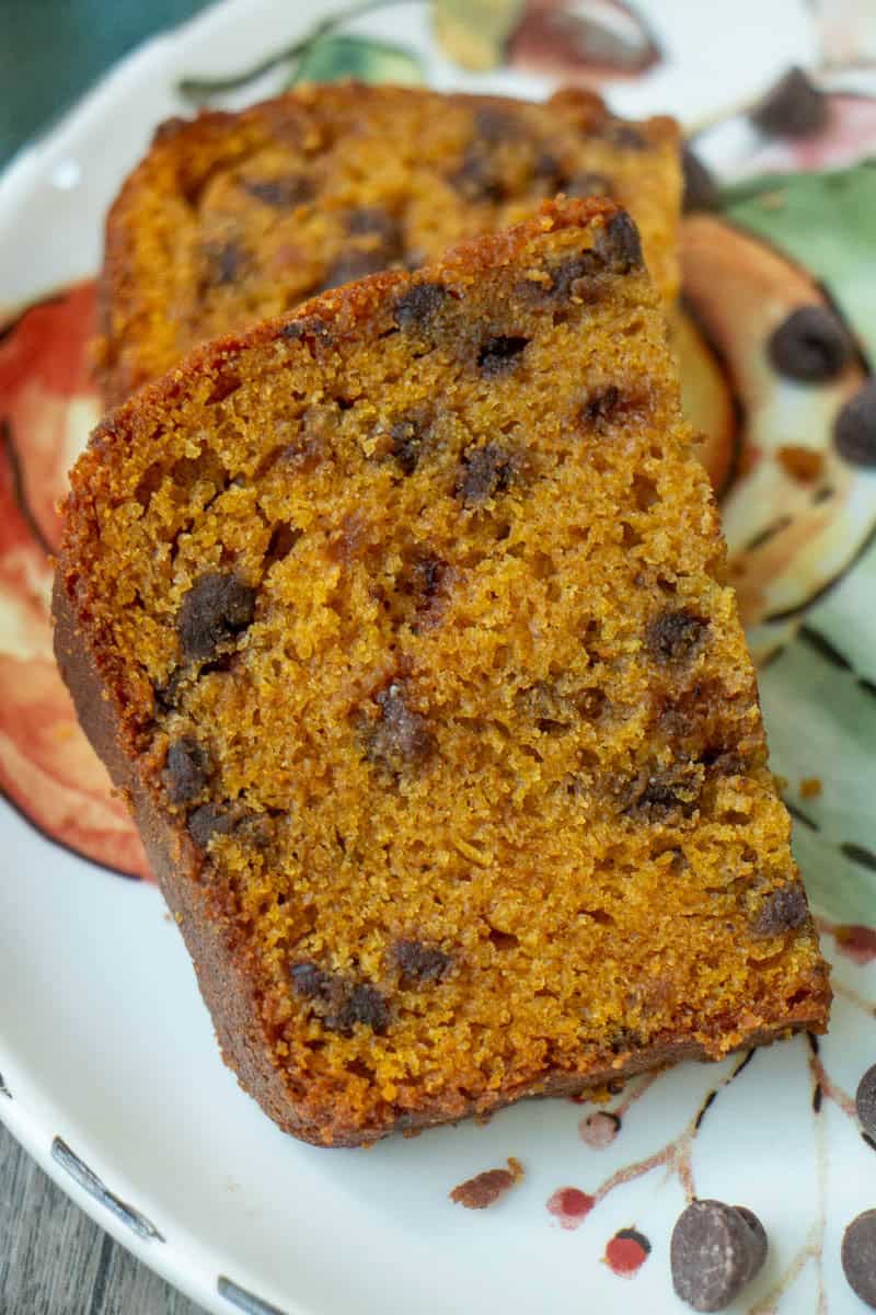 Slice of pumpkin chocolate chip loaf. 
